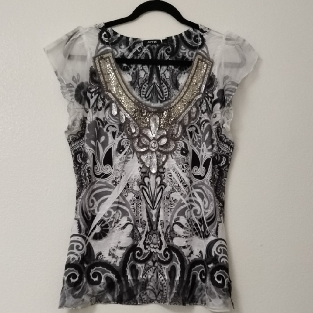 Apt. 9 Black, White and Silver Embellished Sheer Print Camisole
